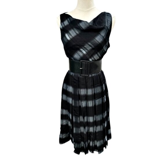 Antonio Melani Midi Dress Sz 0 Black Gray Plaid Pleats Wednesday Addams Academia - Picture 1 of 9